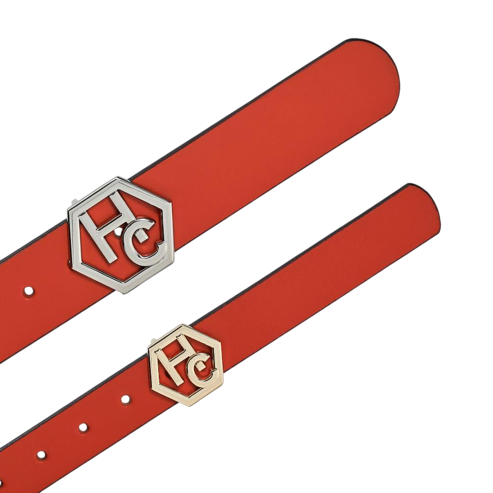 Edge stitching detail on women's seamless edge leather belt - orange-red - Hedonist Chicago (1")