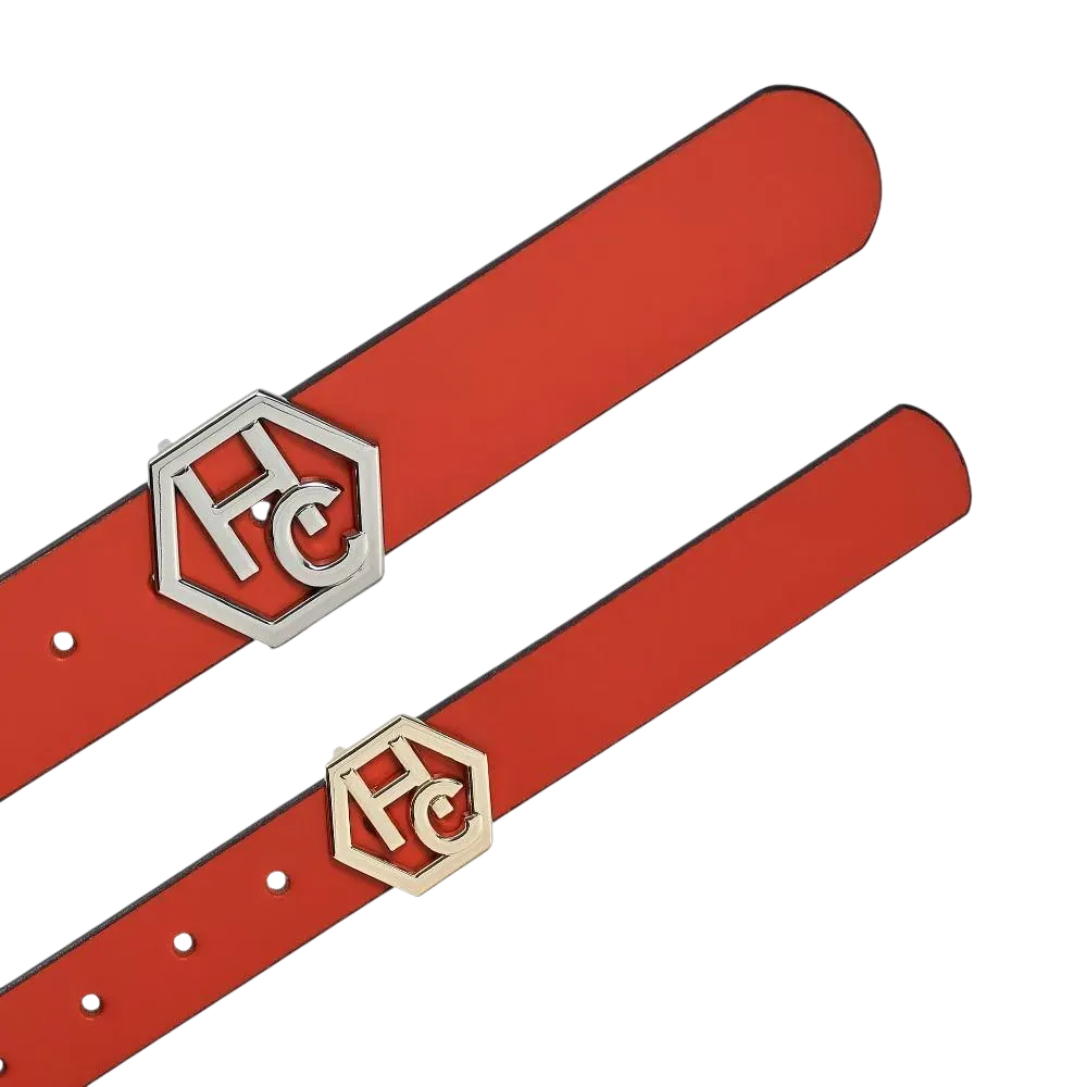 Edge finish detail on women's seamless edge leather belt - orange-red - Hedonist Chicago (1")