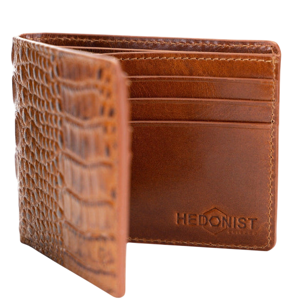 Bifold Brown Croc-Embossed Leather Wallet for Men - beautiful Venezia Leather inside