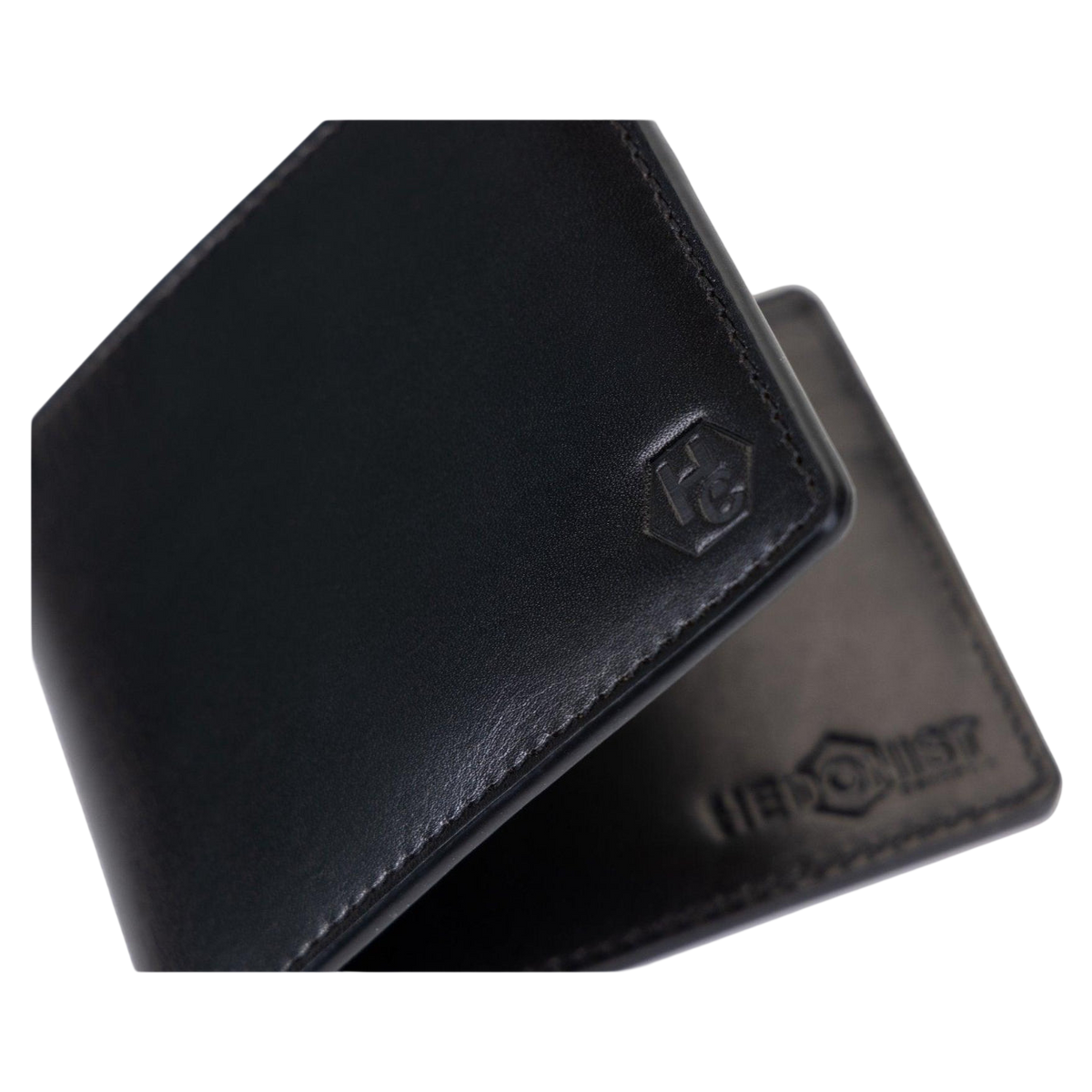 Mens card holder wallet in black leather, perfect for everyday carry.