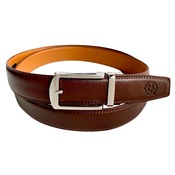 Red Brown Leather Ratchet Belt Silver Hollow