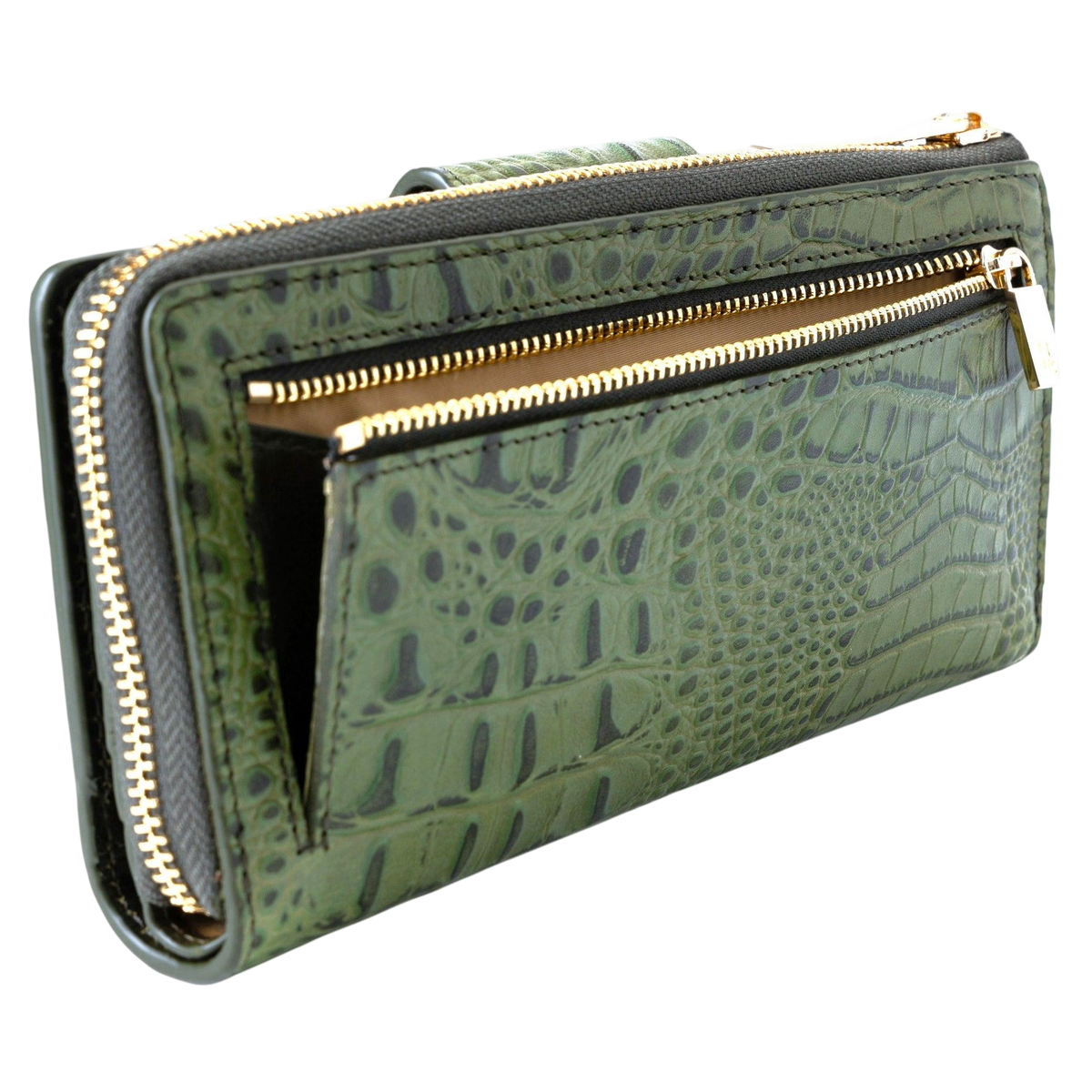 Detail of zip coin pocket on green croc-embossed leather long wallet for women with gold zipper