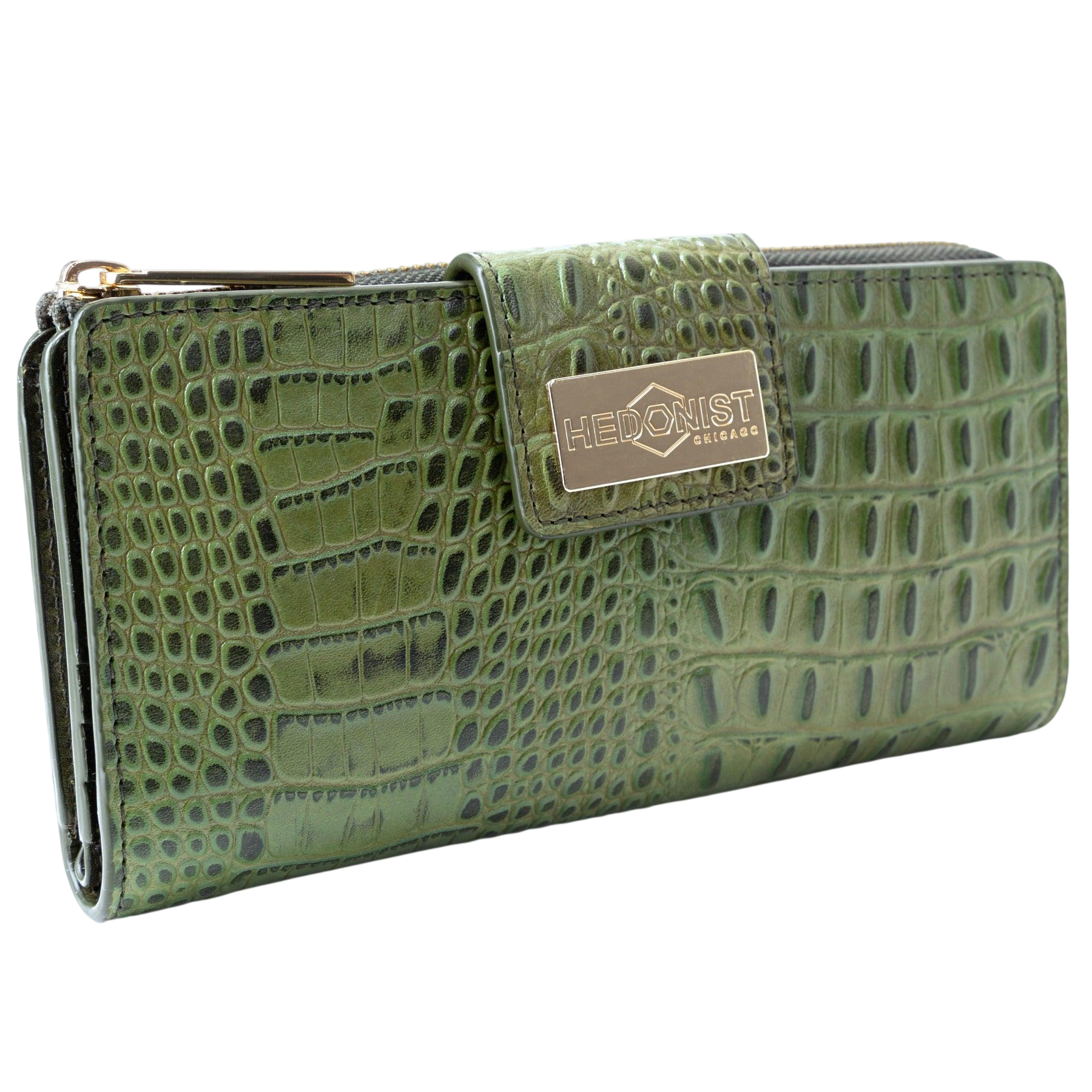 Front view of women’s green croc-embossed leather long travel wallet with secure zip-around closure