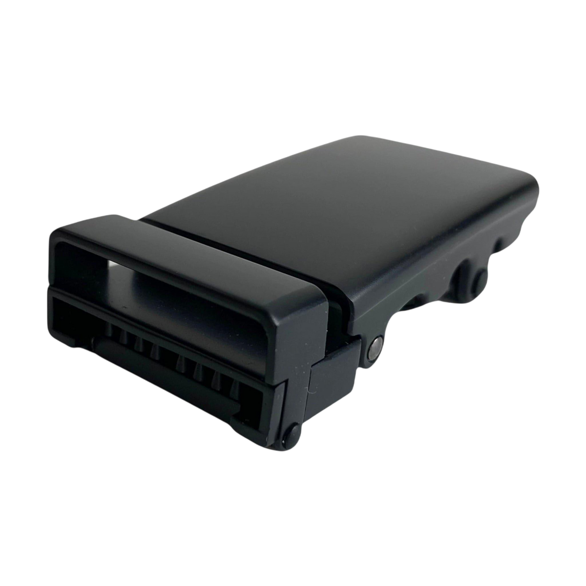 Plate black ratchet buckle 1.15 inch angled profile photo | Hedonist Chicago
