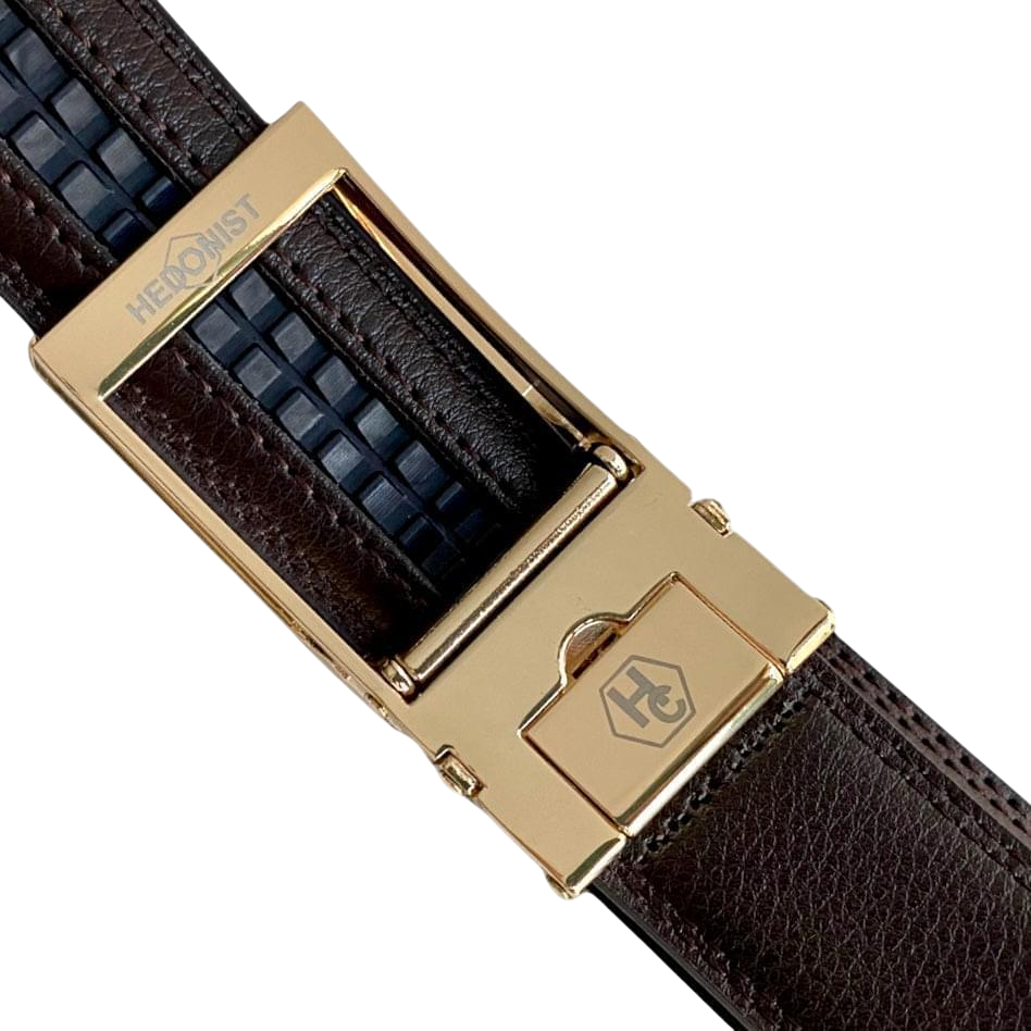 Gold Hollow belt buckle 1.15" , hardware close-up, for ratchet leather belts by Hedonist Chicago