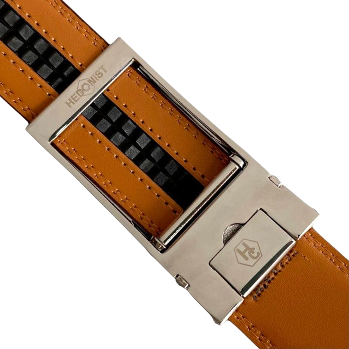 Red Brown Leather Ratchet Belt Silver Hollow