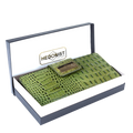 Green croc-embossed leather long travel wallet for women in Hedonist Chicago branded gift box