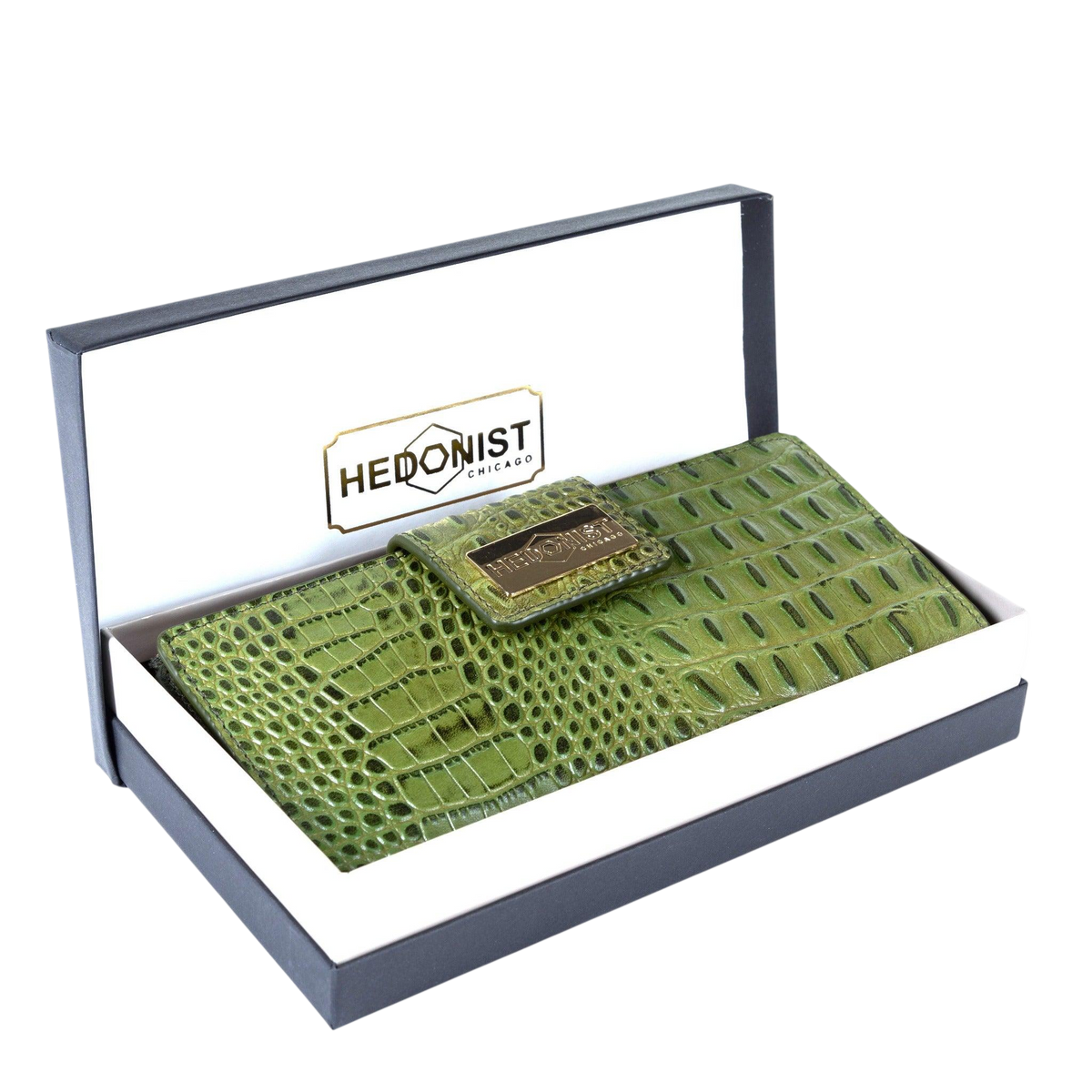 Green croc-embossed leather long travel wallet for women in Hedonist Chicago branded gift box