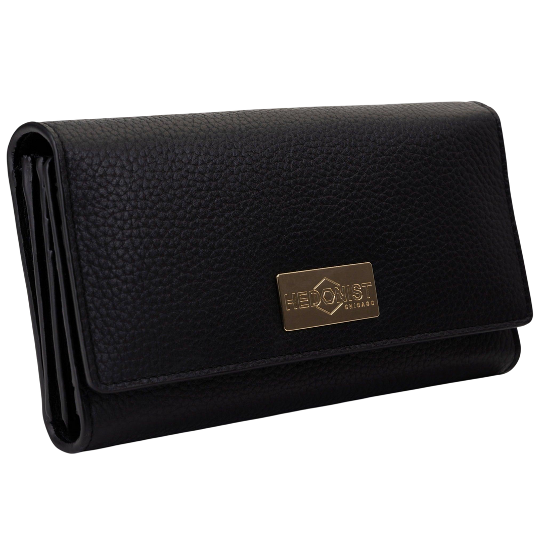 Women's Long Black Leather Wallet with Pebbled Finish by Hedonist Chicago Main View