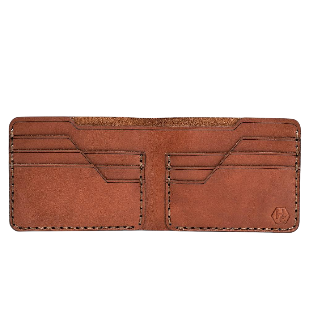 Handmade Men's Leather Wallet 6 Card Slots Medium Brown Open | Hedonist Chicago