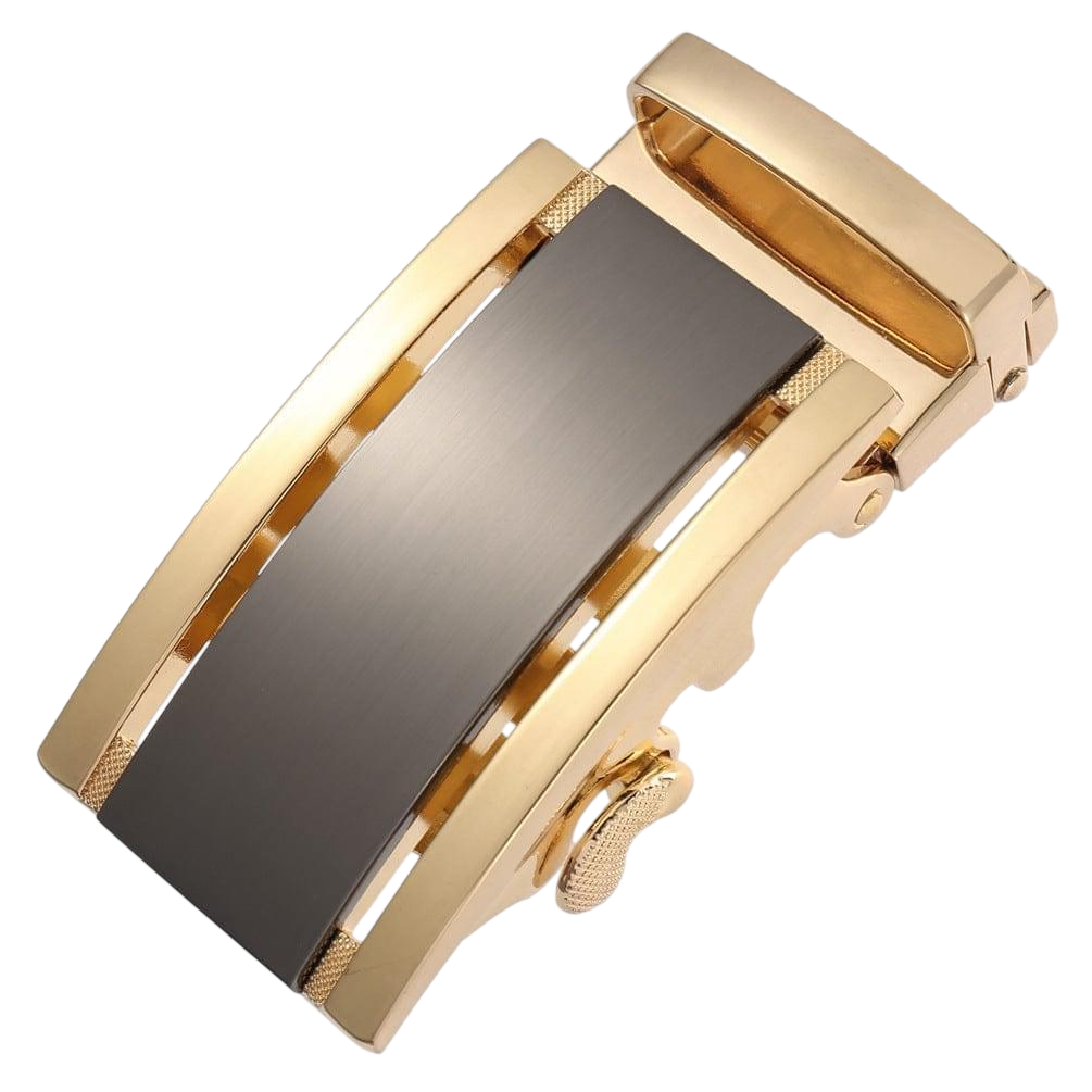 Black and gold ratchet belt buckle 1.38 inch elegant front view | Hedonist Chicago