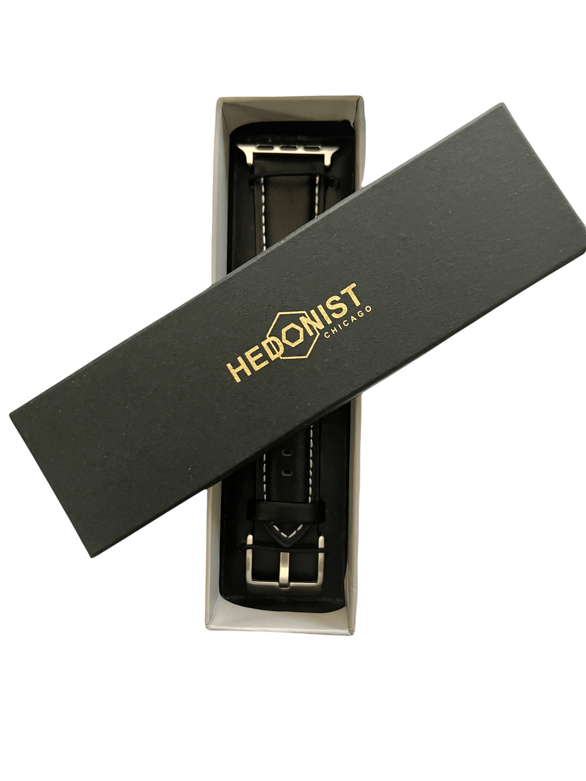Black Apple Watch band presented in Hedonist Chicago gift box