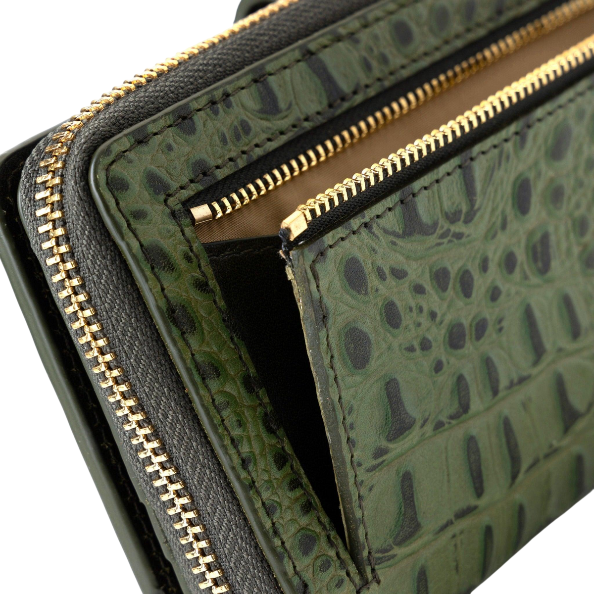 Back view of women’s green croc-embossed leather travel wallet with dual zip compartments and gold hardware