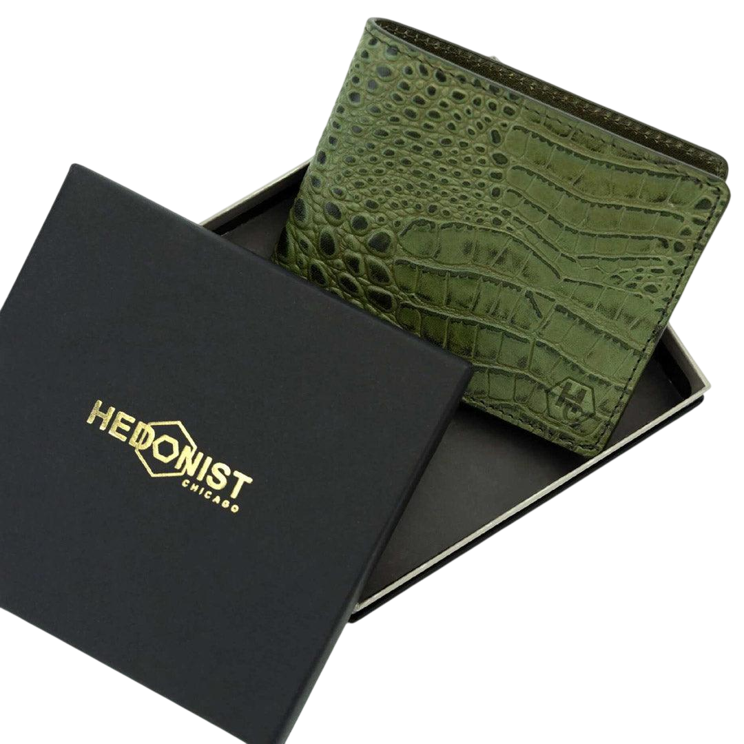 Green Bifold Men's Wallet in Croc-Embossed Leather - gift for men under $100