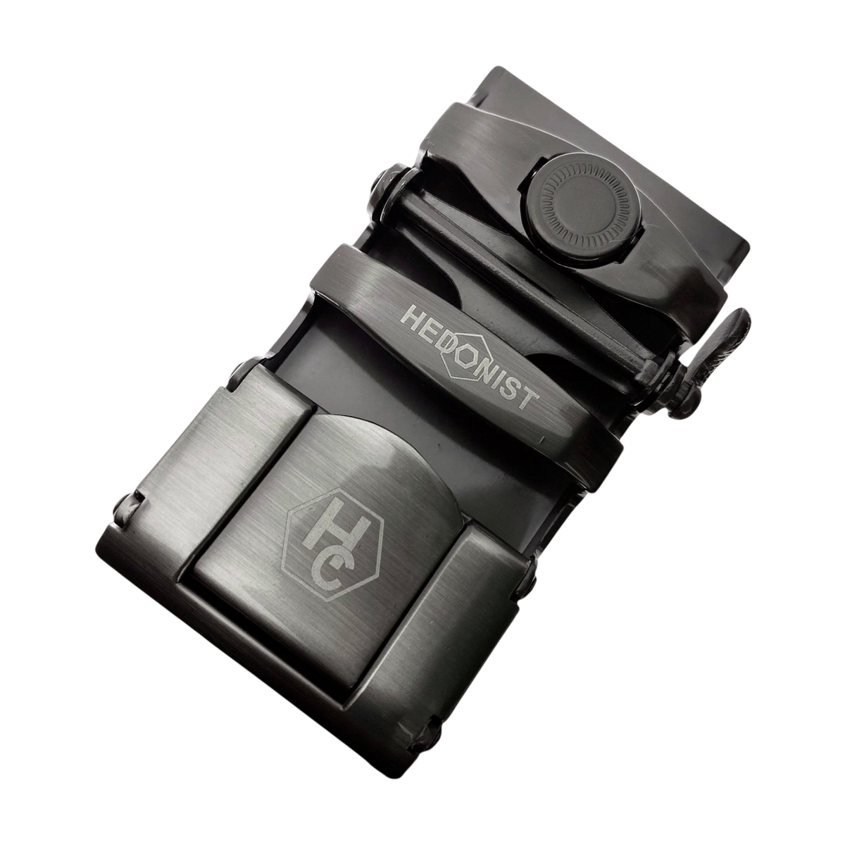 Plate metallic ratchet buckle 1.38 inch back locking detail | Hedonist Chicago