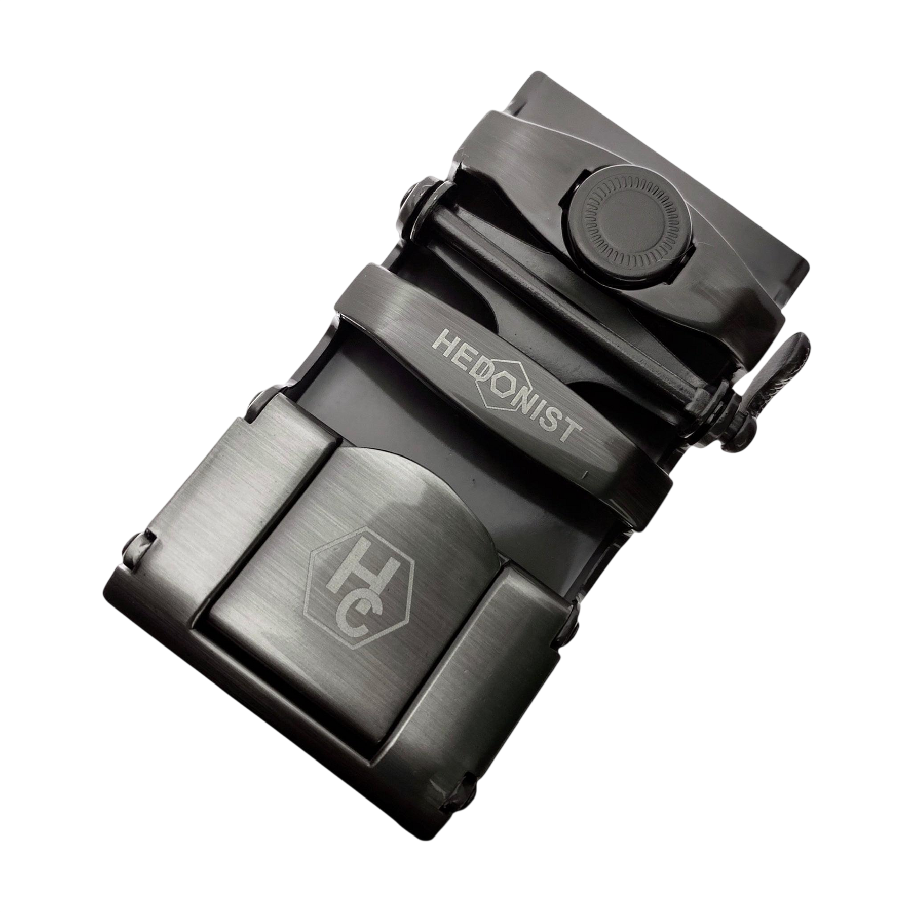 Plate metallic ratchet buckle 1.38 inch back locking detail | Hedonist Chicago