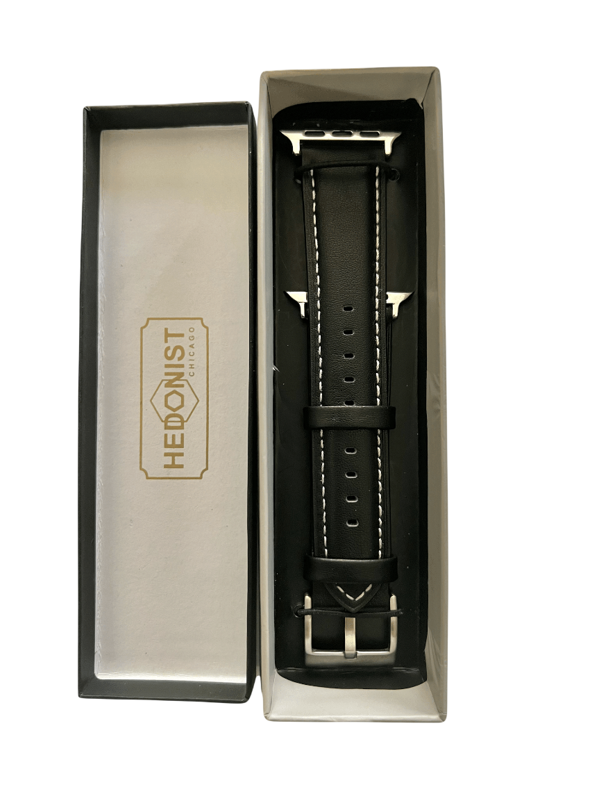 Black Apple Watch band packaged in Hedonist Chicago gift box