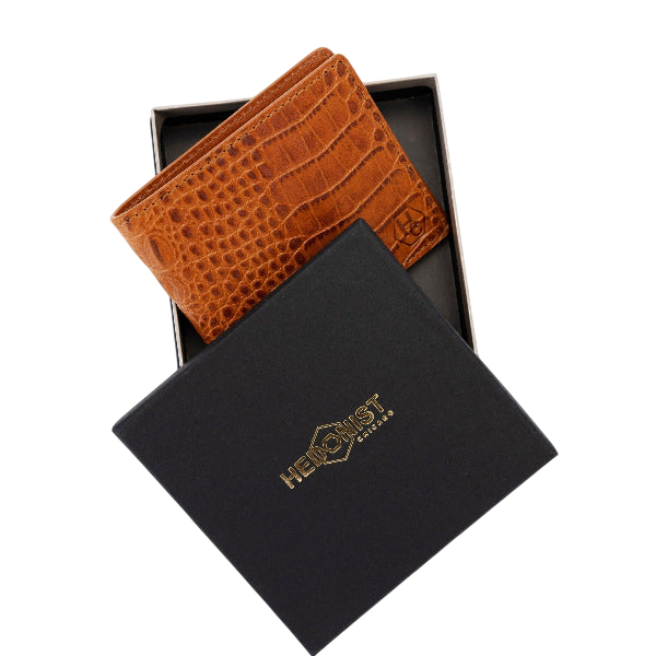 Bifold Brown Men's Wallet in Croc-Embossed Leather - branded gift box