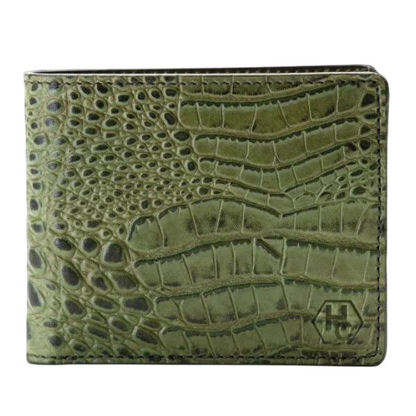 Green Bifold Men's Wallet in Croc-Embossed Leather