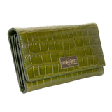Trifold Women's Green Leather Wallet with Croc by Hedonist Chicago Main View