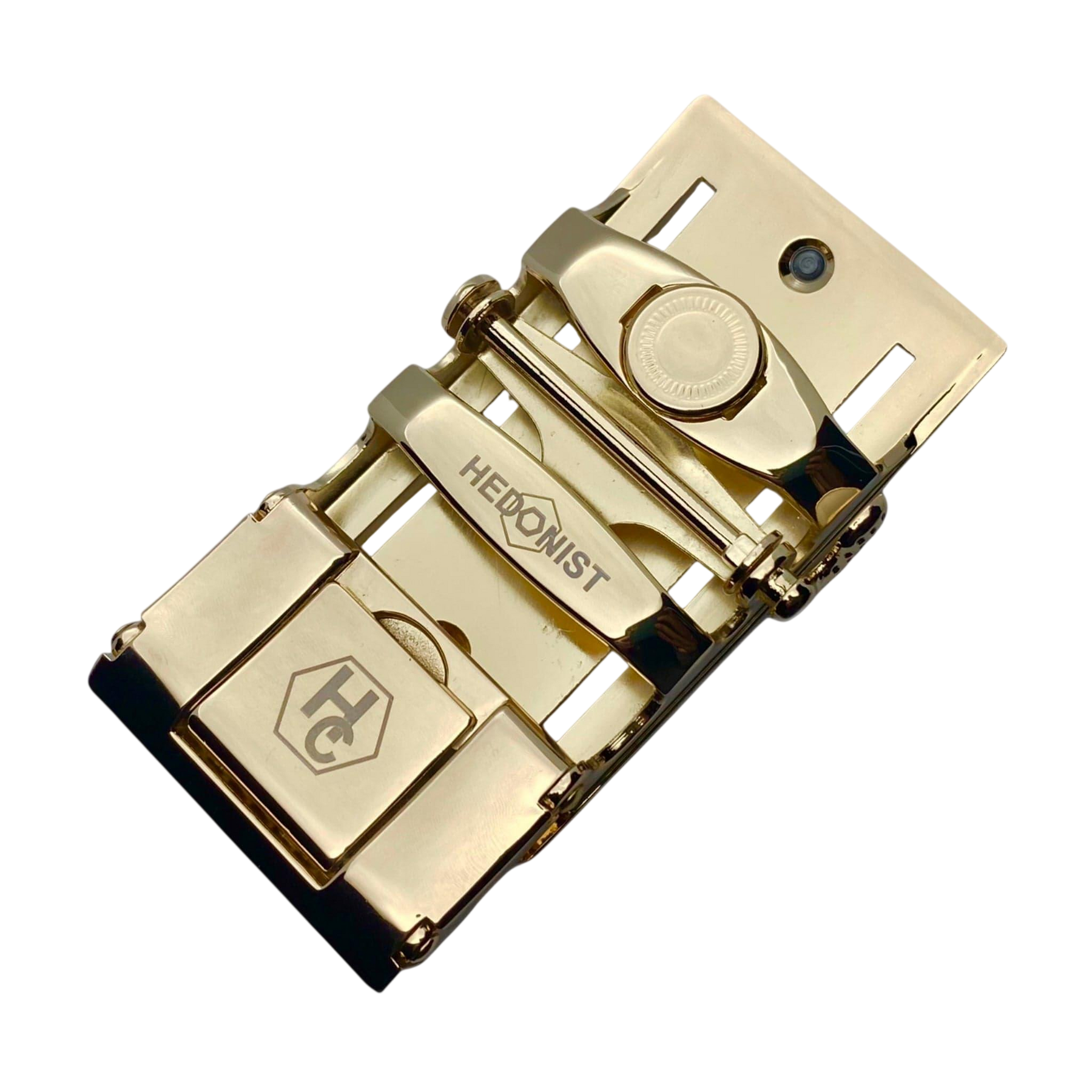 Black and gold ratchet buckle 1.38 inch back locking detail | Hedonist Chicago