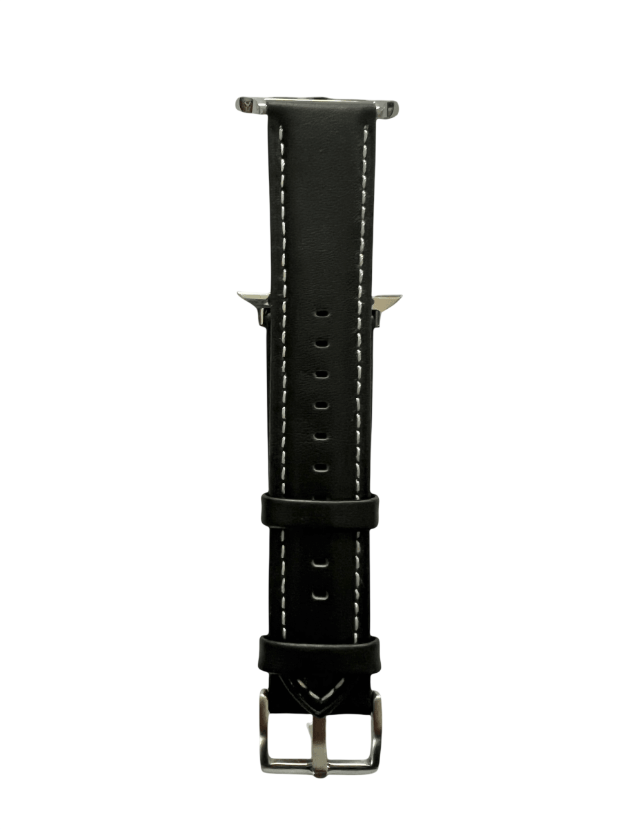 Black padded leather Apple Watch strap showing connector and stitching | Hedonist Chicago