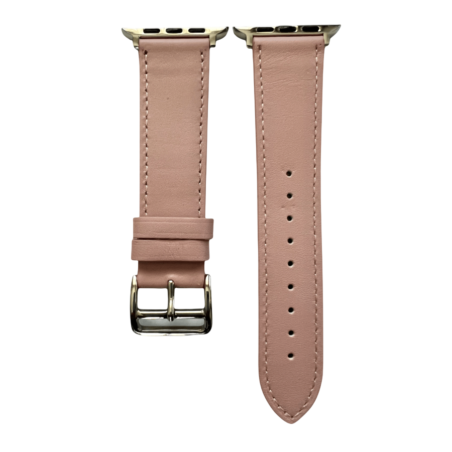 Pink leather Apple Watch band, two-piece strap with buckle and holes