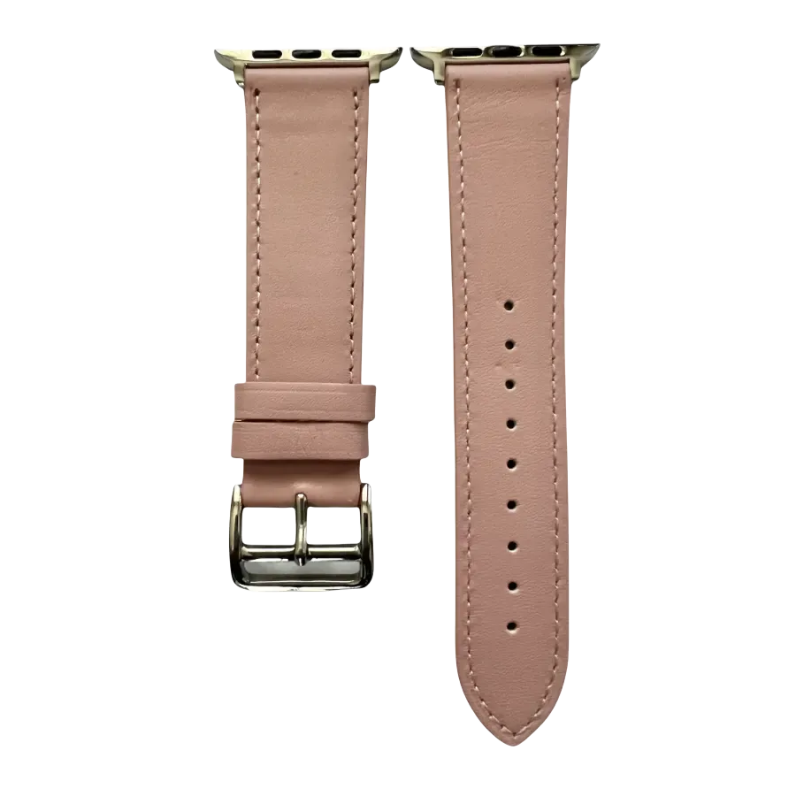 Pink leather Apple Watch band, two-piece strap with buckle and holes
