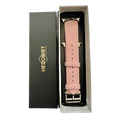 Pink leather Apple Watch band, presented in gift box