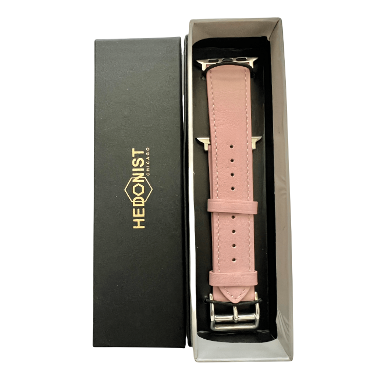 Pink leather Apple Watch band, presented in gift box