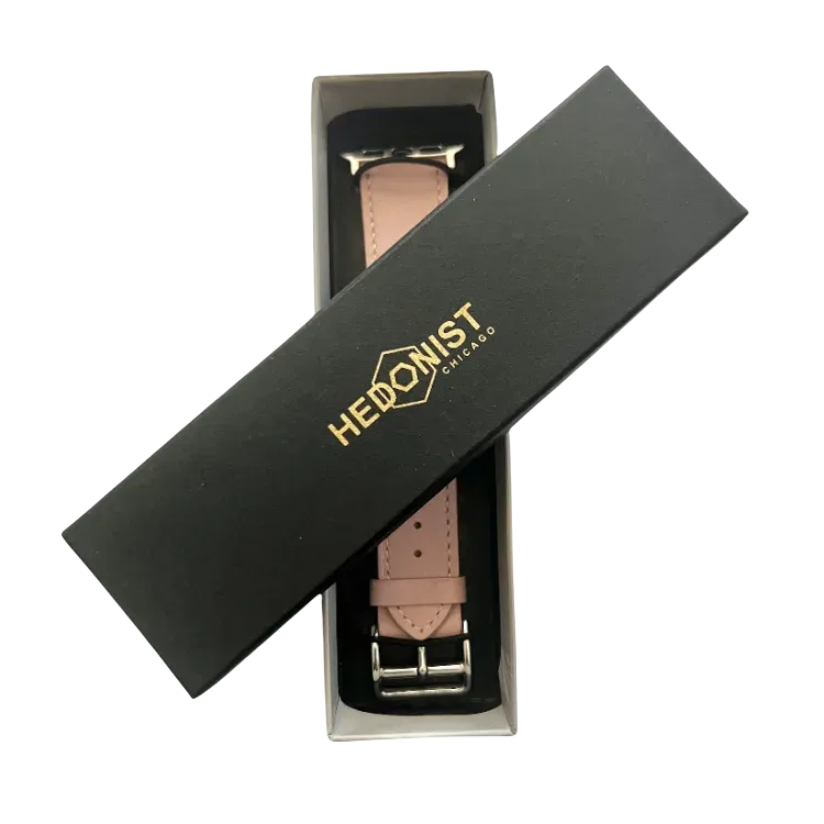 Pink leather Apple Watch band, packaging close-up