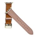 Pink leather Apple Watch band, side view with stainless steel lugs
