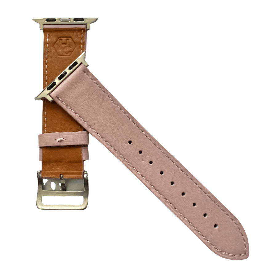 Pink leather Apple Watch band, side view with stainless steel lugs