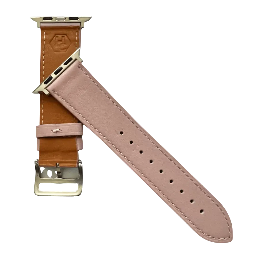 Pink leather Apple Watch band, side view with stainless steel lugs