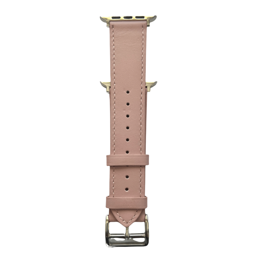 Pink leather Apple Watch band, connector and stitching detail
