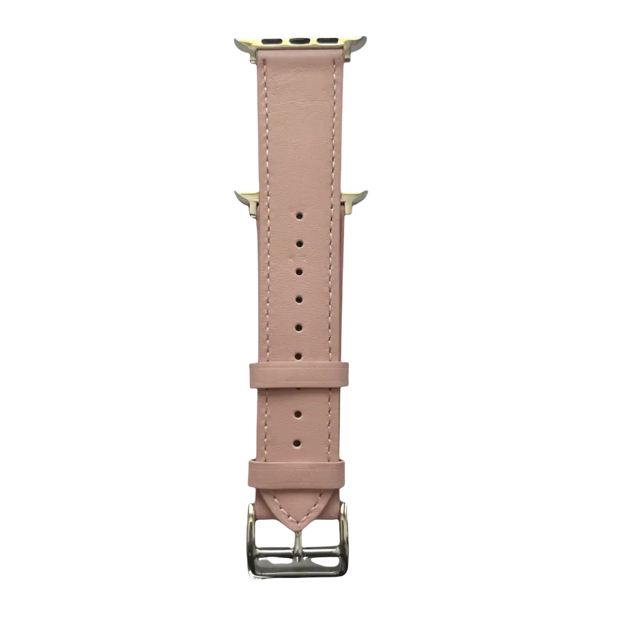 Pink leather Apple Watch band, connector and stitching detail