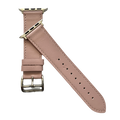 Pink leather Apple Watch band, texture and buckle detail close-up