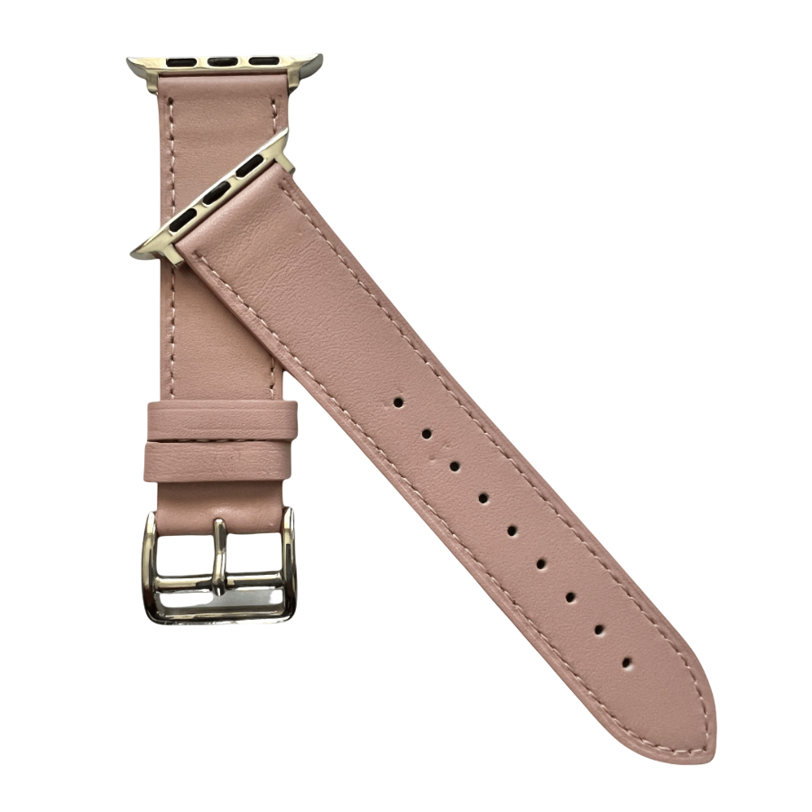Pink leather Apple Watch band, texture and buckle detail close-up