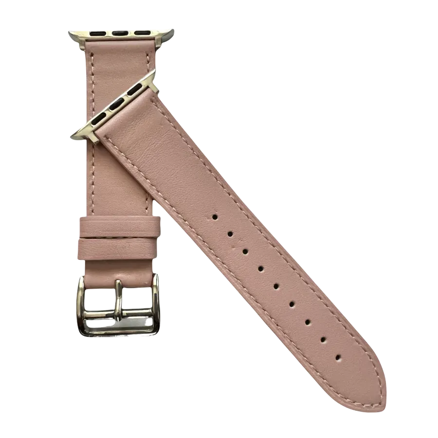 Pink leather Apple Watch band, texture and buckle detail close-up