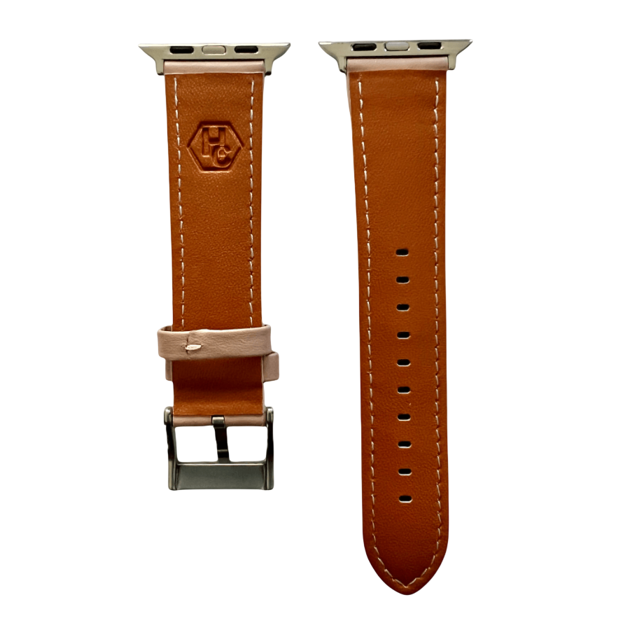 Pink beige padded leather Apple Watch band, compatible with all Apple Watch models