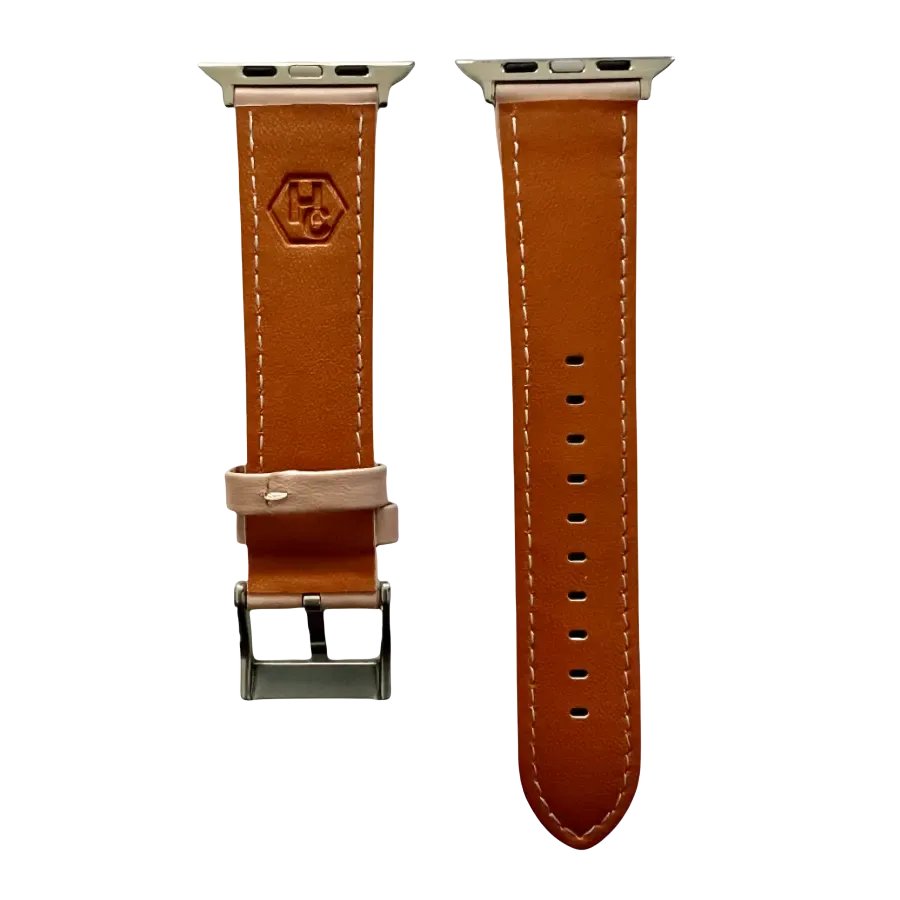 Pink beige padded leather Apple Watch band, compatible with all Apple Watch models