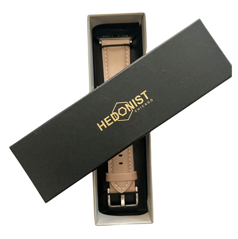 Pink beige padded leather Apple Watch band, presented in gift box