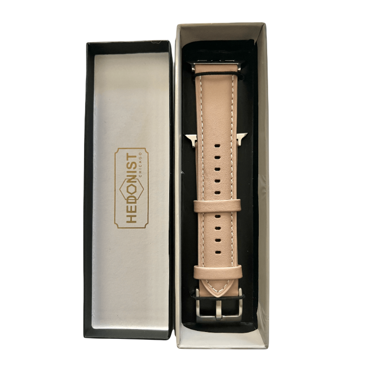 Pink beige padded leather Apple Watch band, packaging close-up