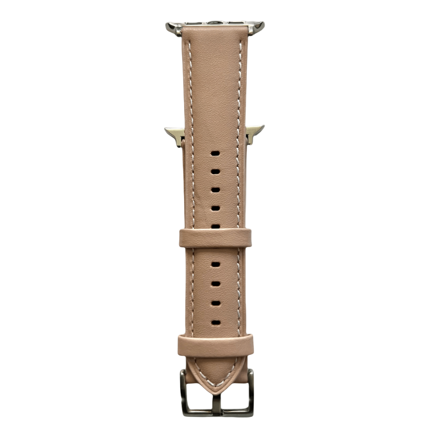 Pink beige padded leather Apple Watch band, connector and stitching detail