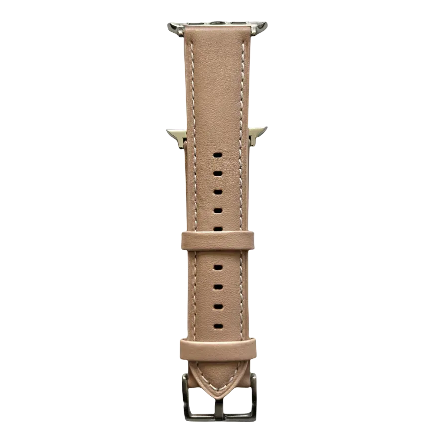 Pink beige padded leather Apple Watch band, connector and stitching detail