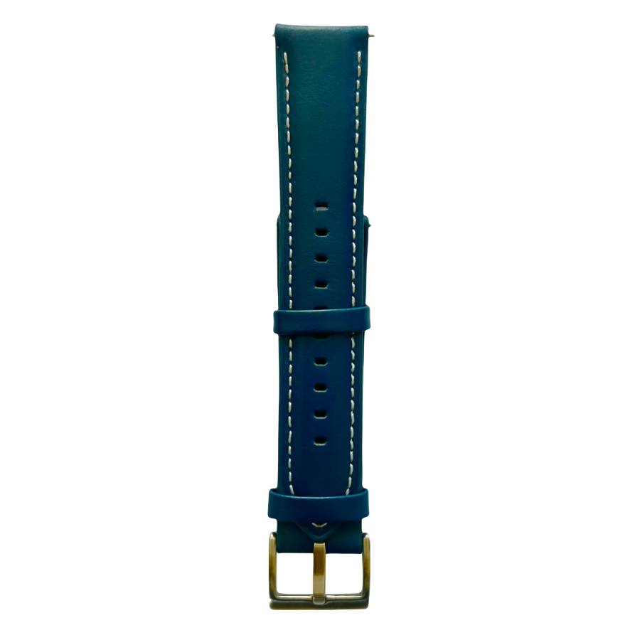 Pink blue leather watch band with quick release bars, quick release buckle detail