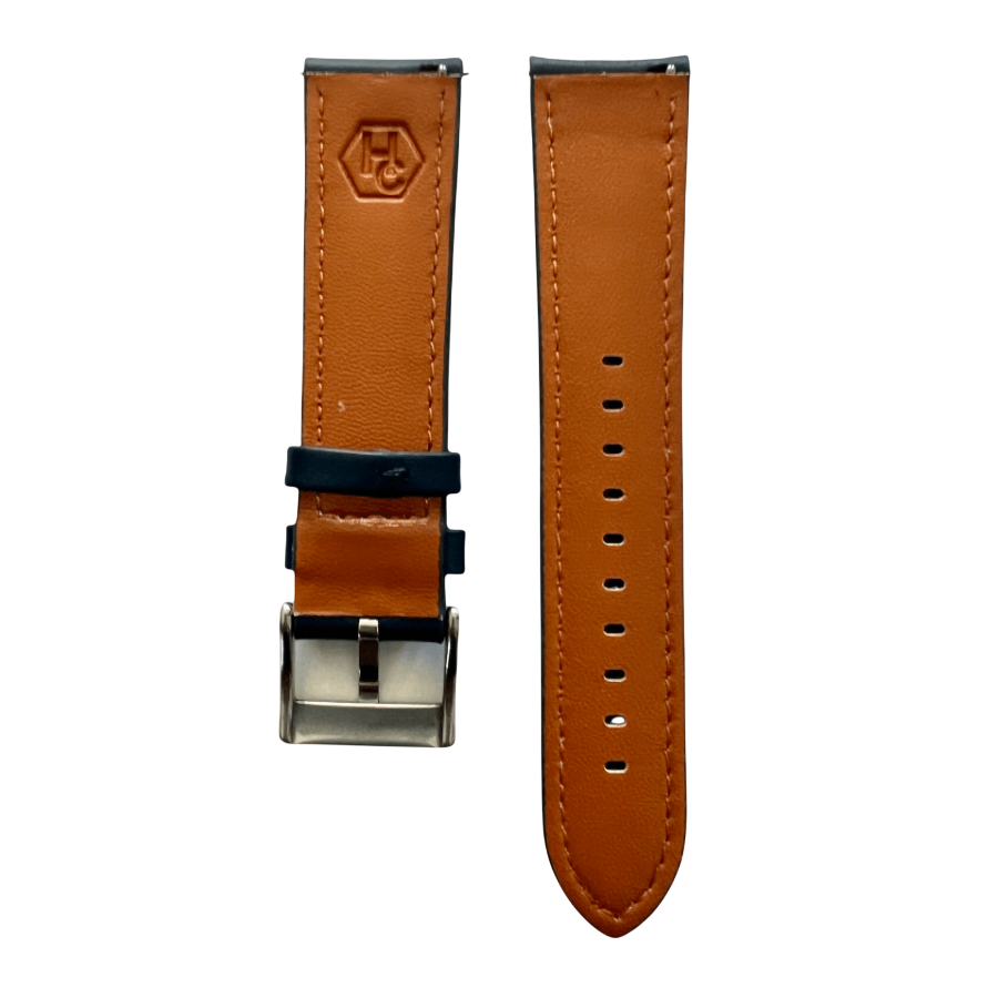 Pink blue leather watch band with quick release bars, close-up detail