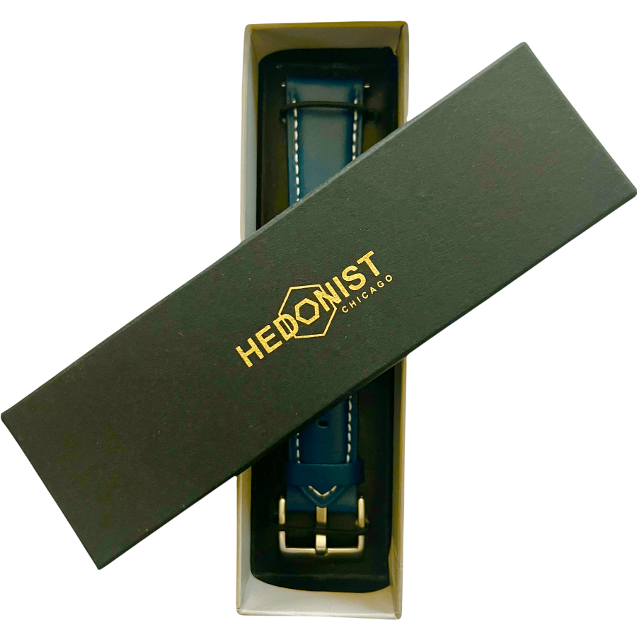 Pink blue leather watch band with quick release bars, side view