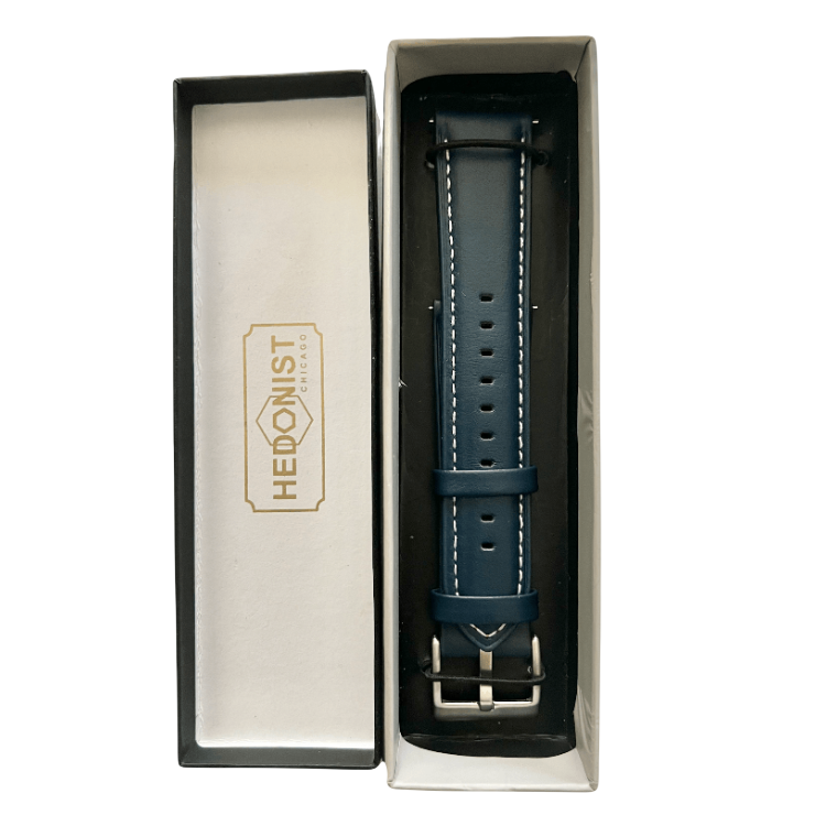 Pink blue leather watch band with quick release bars, texture close-up