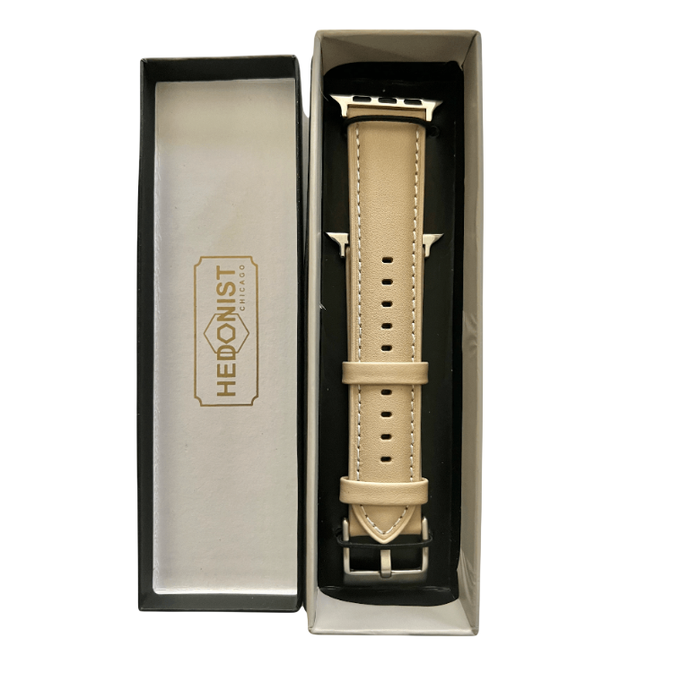 Pink gray padded leather Apple Watch band, presented in gift box